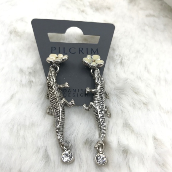 Pilgrim Jewelry - Silvertone White Enamel Crystal Alligator Earrings